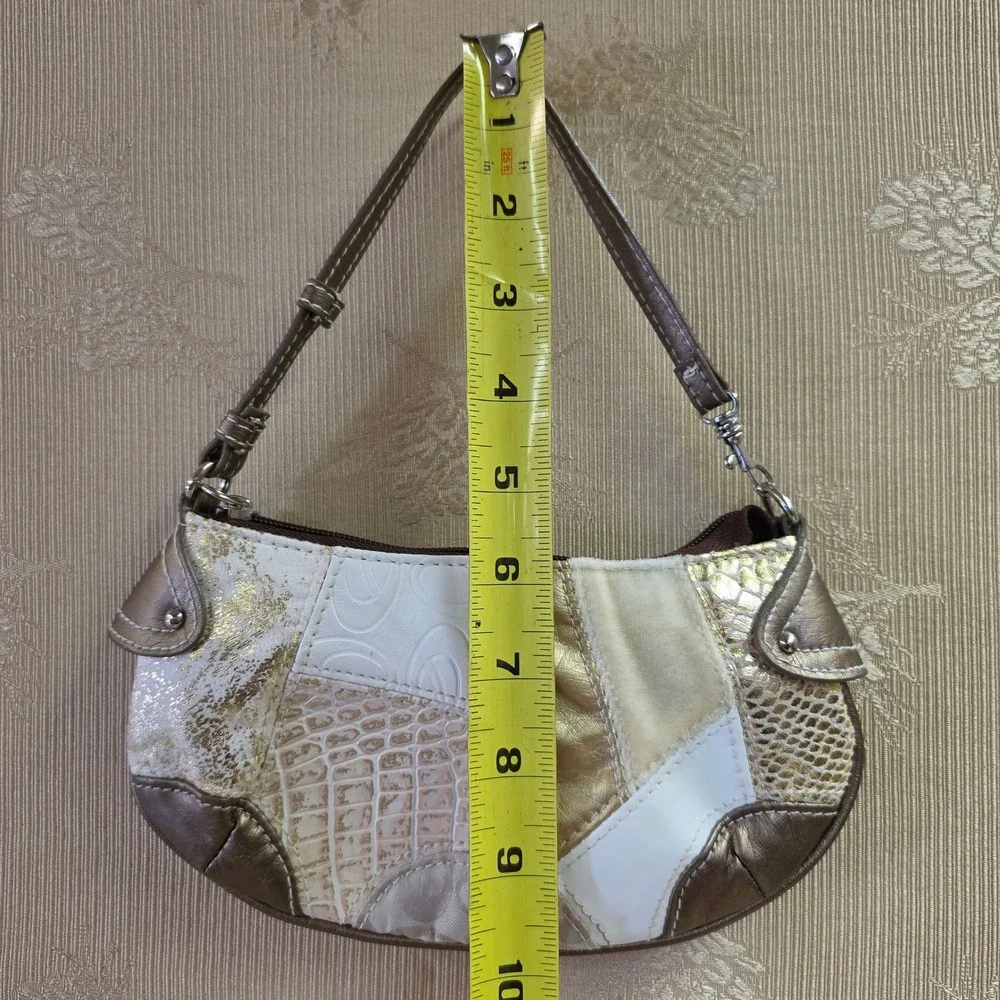 Y2K Patchwork Baguette Shoulder Bag Gold White Brown Metallic Snake Croc Print